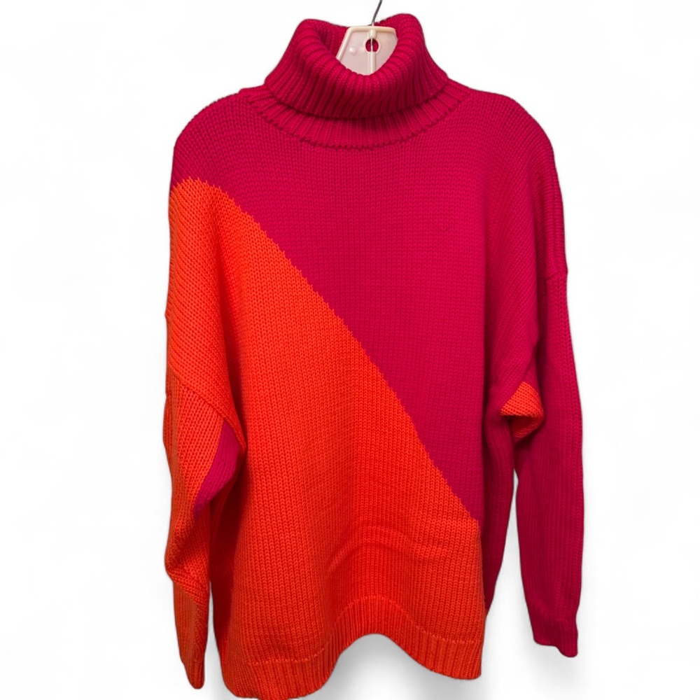 Vintage Company Ellen Tracy Wool Turtleneck Sweater L Magenta  Orange Colorblock